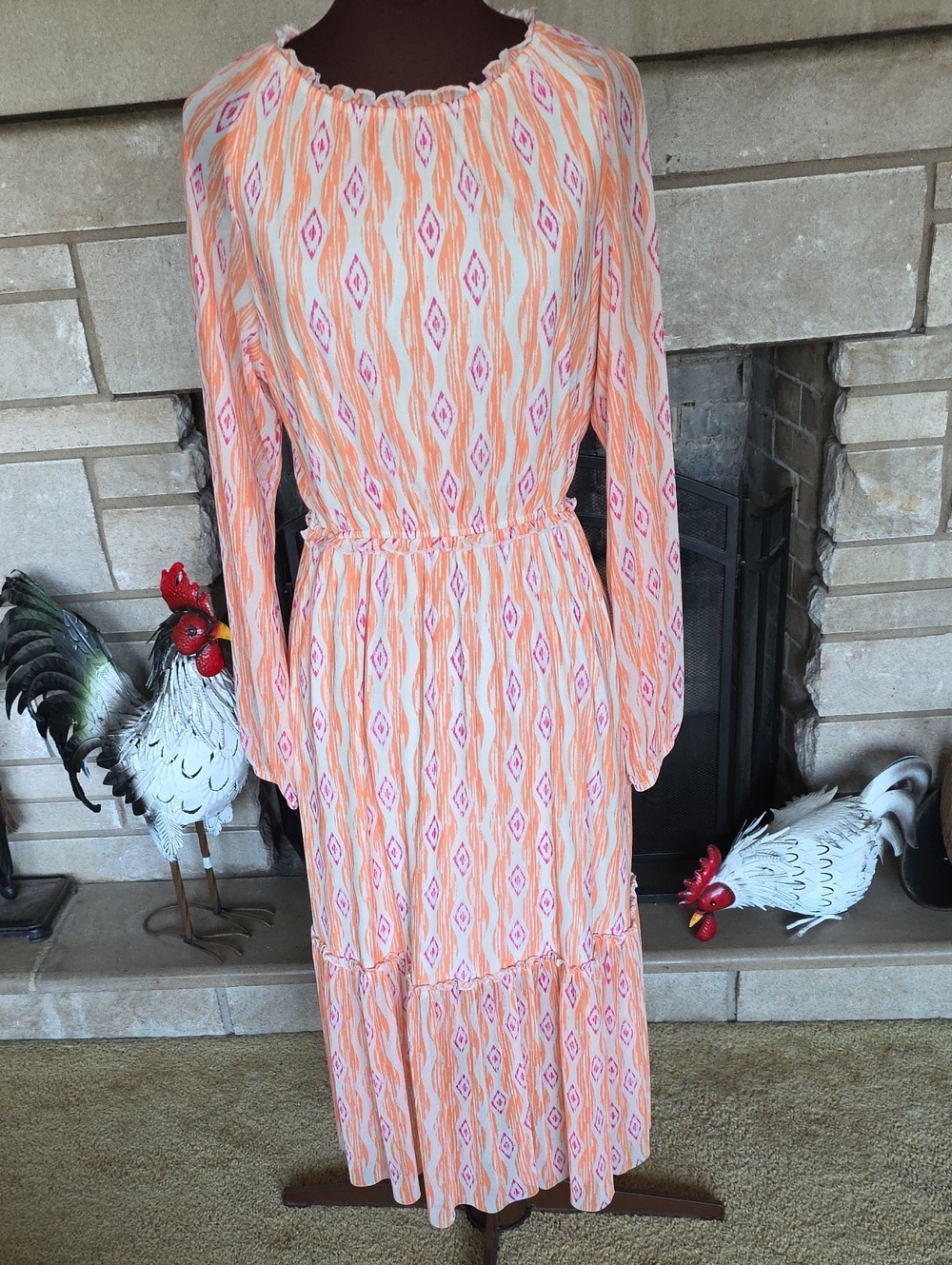 Long Sleeve Peach & Pink Printed Maxi Dress - Elastic Waist